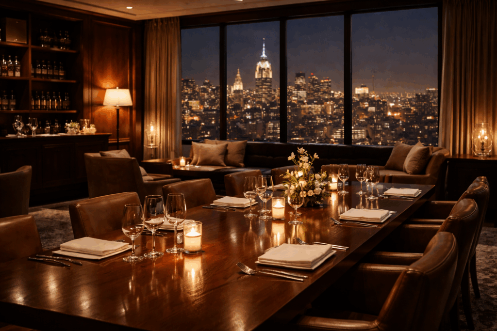 Elegant private dining room with candlelit wood table and Manhattan skyline at night, set for an NYC Client Dinner with crystal glassware and polished leather chairs.