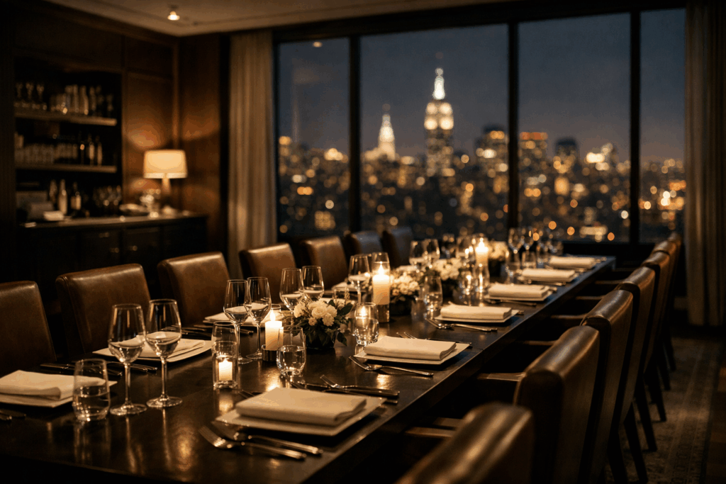 Private New York City dining room with Manhattan skyline set for an upscale client dinner