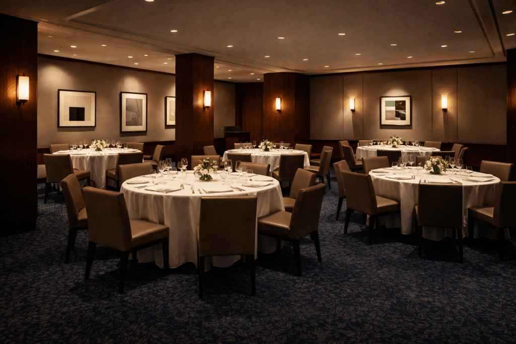 Refined private dining space with round tables, white linens, leather chairs, and warm architectural lighting, arranged for a quiet NYC Client Dinner.