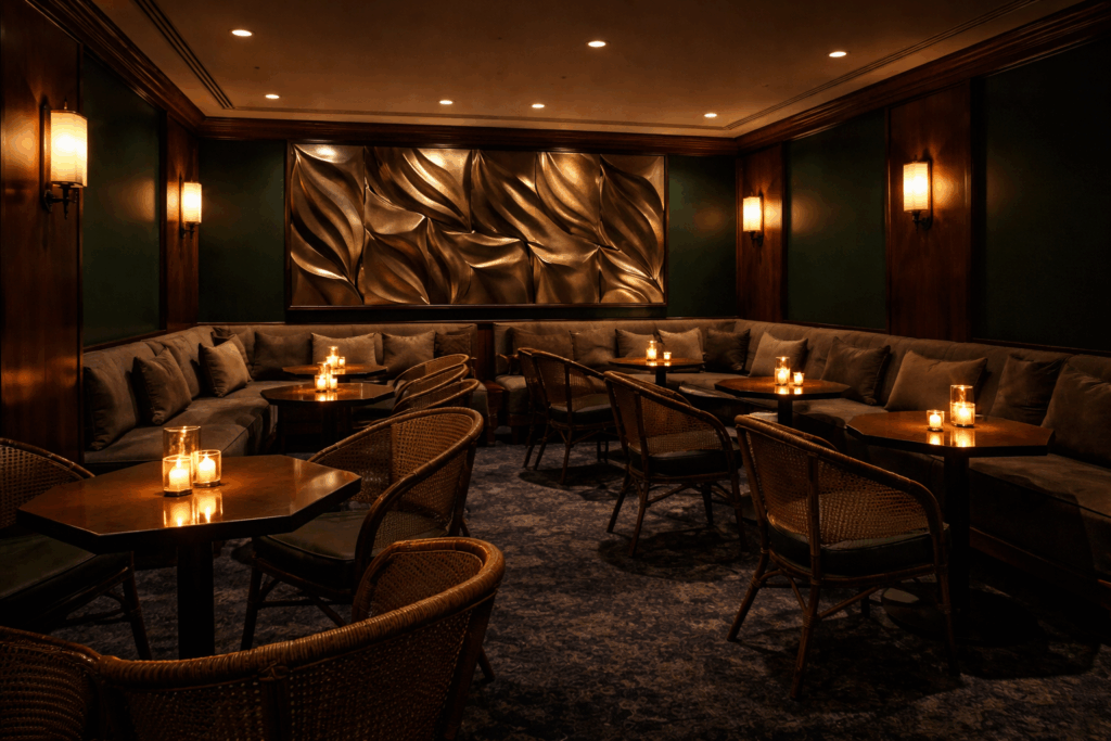 Moody New York City lounge with dark wood paneling, green walls, candlelit tables, and sculptural art, ideal for post-dinner conversation after an NYC Client Dinner.