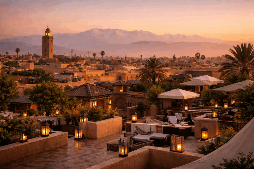 Morocco in May itinerary showing a Marrakech sunset from a rooftop terrace overlooking the Medina