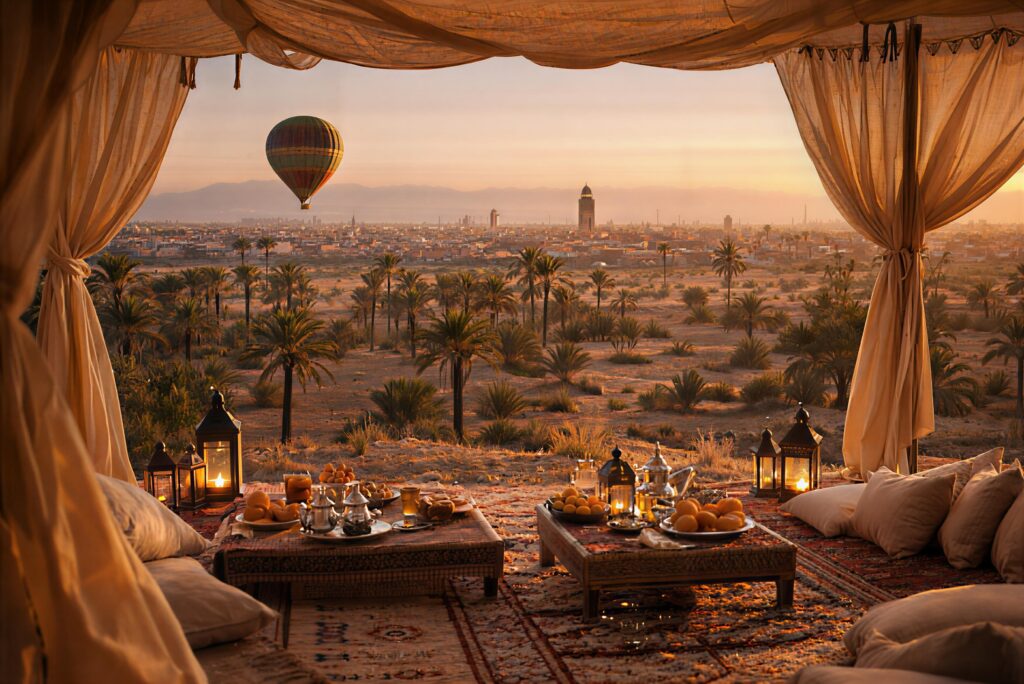 Morocco in May itinerary featuring a sunrise hot-air balloon over Marrakech, with Berber tent breakfast overlooking palm groves and the Medina skyline