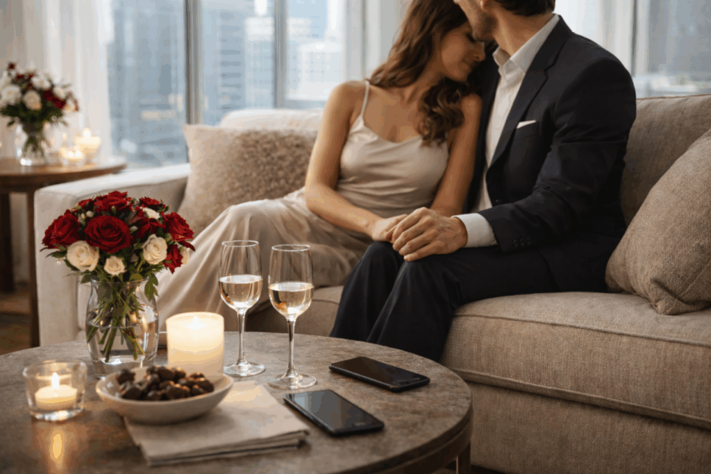 A couple sharing a quiet, intimate moment in a softly lit city apartment, illustrating Valentine’s Day experiences for busy couples focused on connection and ease.