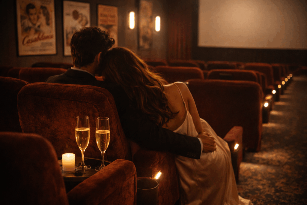 Valentine’s Day experiences for busy couples captured in a private film night with plush theatre seats, champagne between chairs, warm aisle lighting, and vintage movie posters, no faces visible.