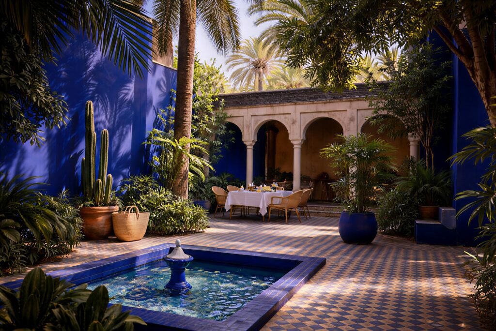 Morocco in May itinerary featuring a serene courtyard at Jardin Majorelle with blue walls, palm trees, tiled fountain, and shaded dining area