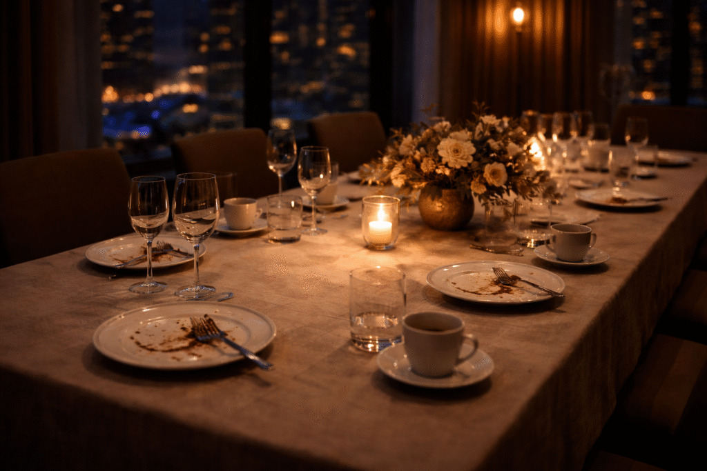 A quiet close to the evening: dessert finished, candle still burning, conversation lingering. Toronto Private Dining Rooms do their best work here: calm, unhurried, and intentional.