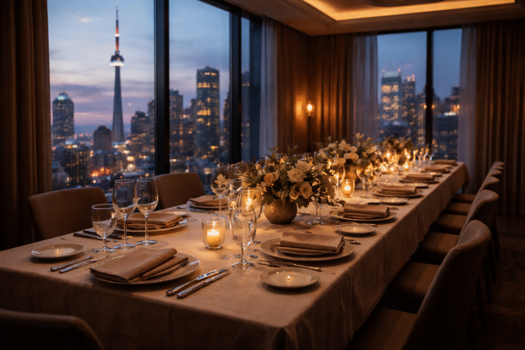 A candlelit private dining room in Toronto with a long table set for a client dinner, overlooking the city skyline at dusk.