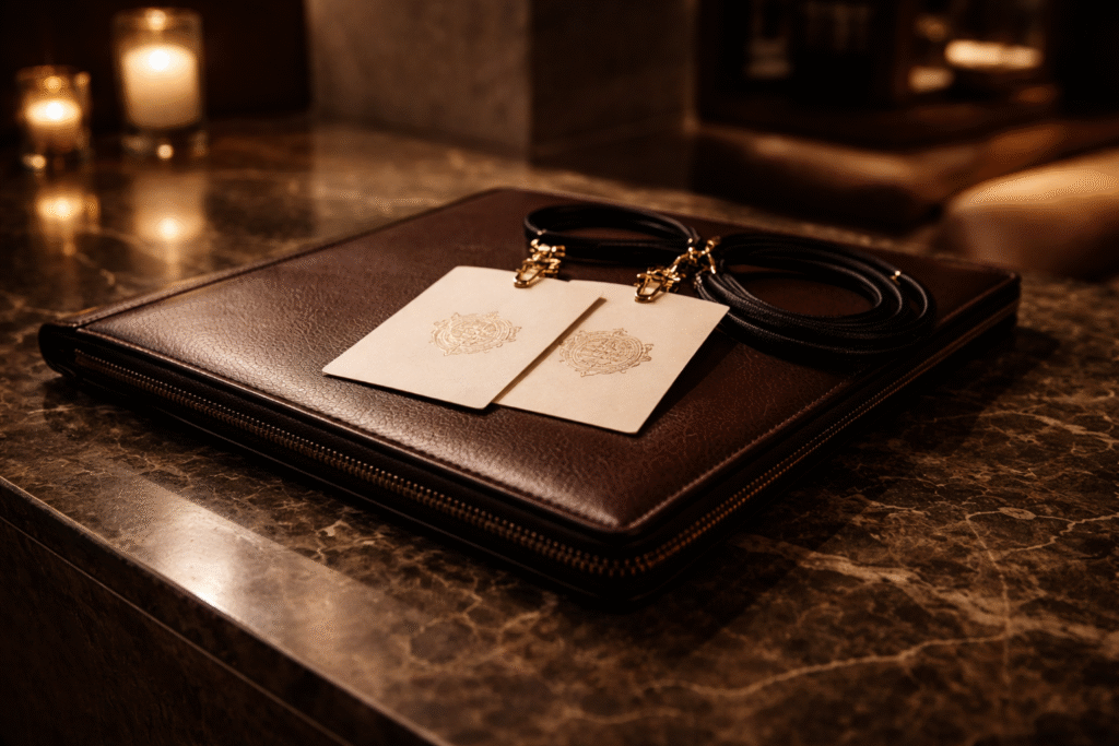 Global Event Access luxury event credentials displayed on an elegant leather portfolio in a private VIP setting