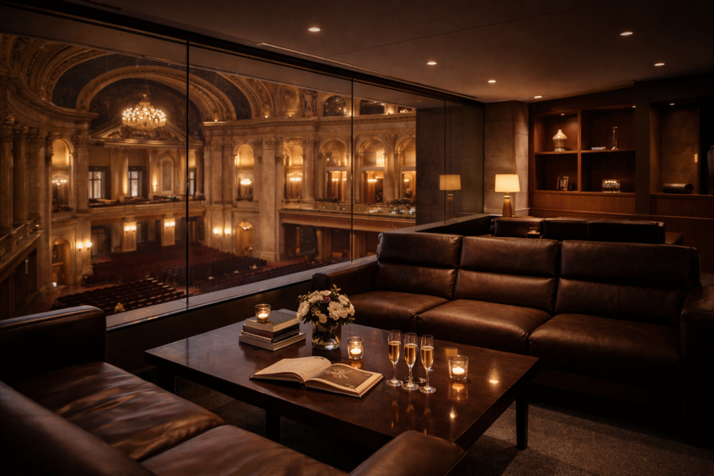 Global Event Access private luxury lounge overlooking an iconic cultural venue with champagne and premium seating