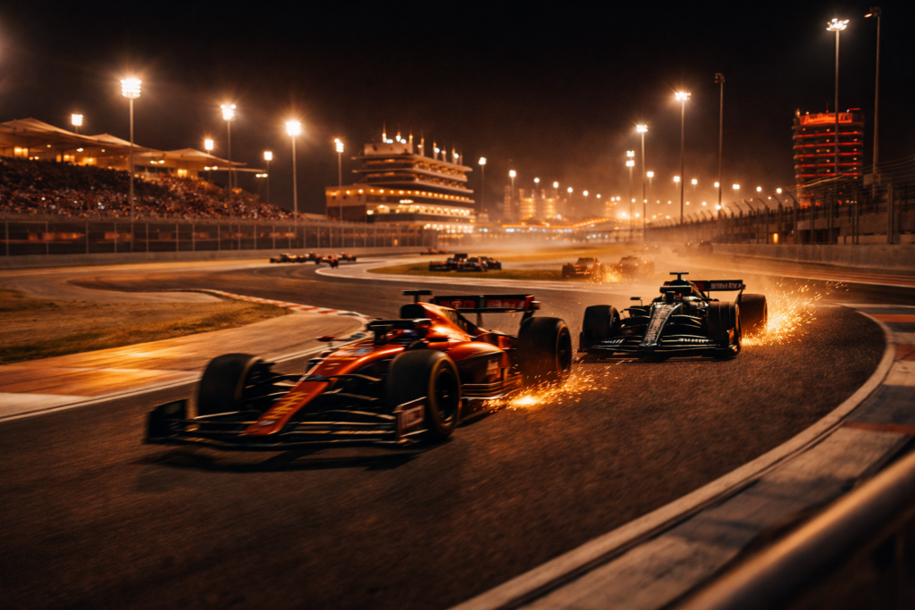 Minimalist executive VIP lounge at dusk overlooking a softly illuminated race circuit, featuring a leather folio and race credential on a polished marble table, warm ambient lighting, refined glass and metal textures — F1 2026 VIP Experience.