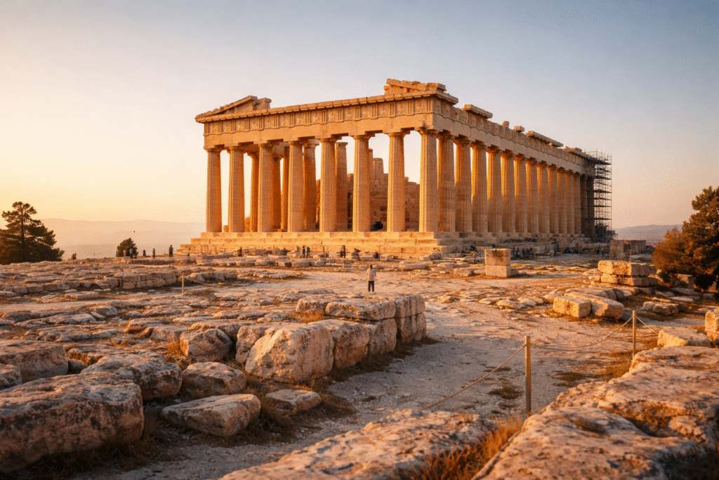 Early morning view of the Parthenon on the Acropolis in Athens, Greece in June, glowing in golden sunrise light with warm stone textures, soft shadows, a clear blue sky, and only a few distant visitors in a calm, quiet atmosphere.
