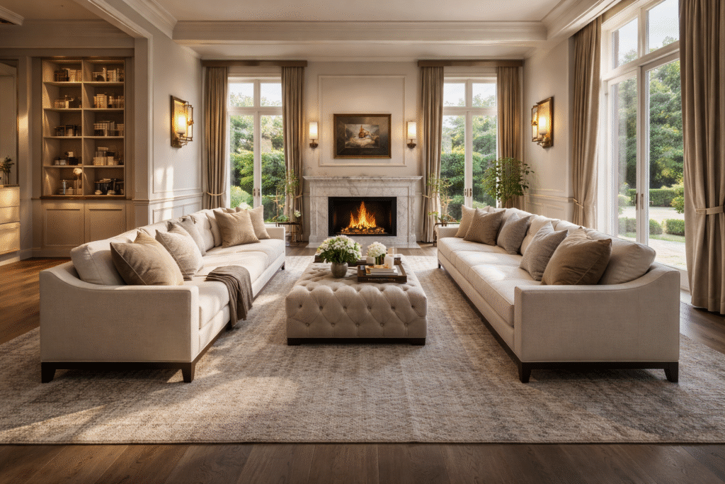 Elegant living room with natural light, clean upholstery, and refreshed interiors as part of spring home preparation in a luxury residence