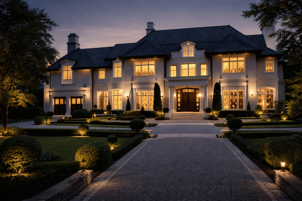 Luxury estate exterior at dusk showcasing professional spring home preparation and seasonal property readiness