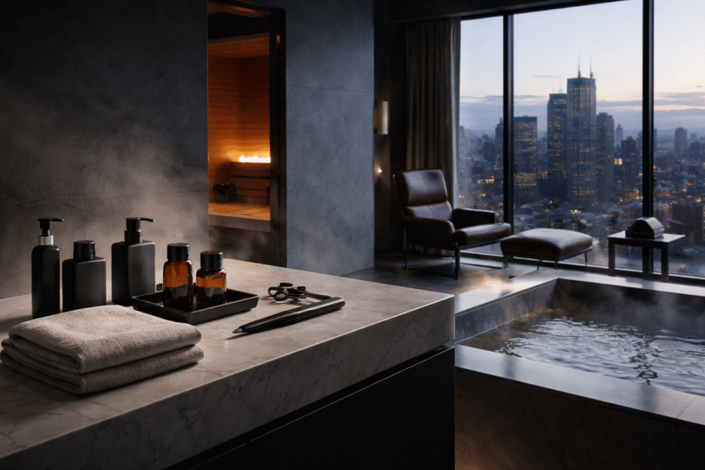 Wellness for Men concept featuring a minimalist luxury high-rise office setup with leather portfolio, smartphone, wallet, and city skyline view at dusk.