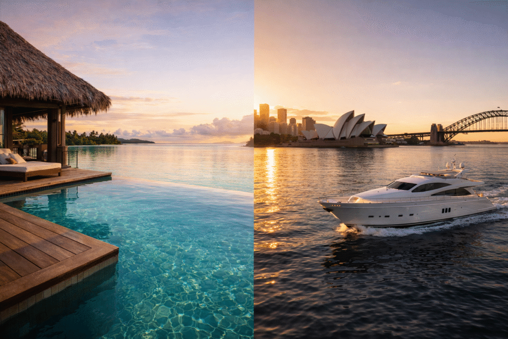 fiji-luxury-travel-itinerary featuring a private overwater-style villa with infinity pool in Fiji alongside a luxury yacht cruising Sydney Harbour at sunset