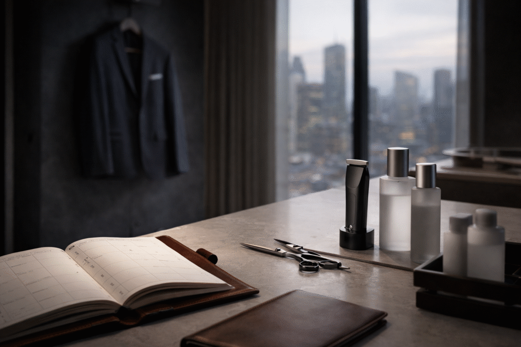 Wellness for Men grooming essentials arranged on a sleek marble counter with trimmer, scissors, skincare bottles, and city skyline in the background.