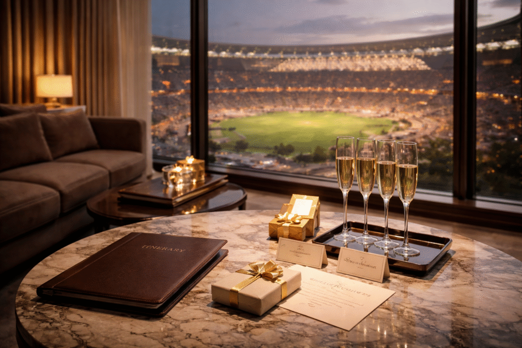 Global Event Access luxury lounge overlooking a stadium at dusk with champagne, curated itinerary, and personalized host gifts