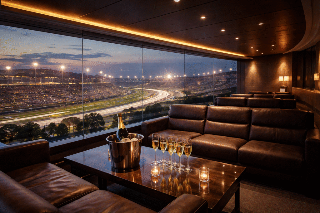 Global Event Access luxury VIP Formula 1 suite overlooking the racetrack at night with champagne and premium seating
