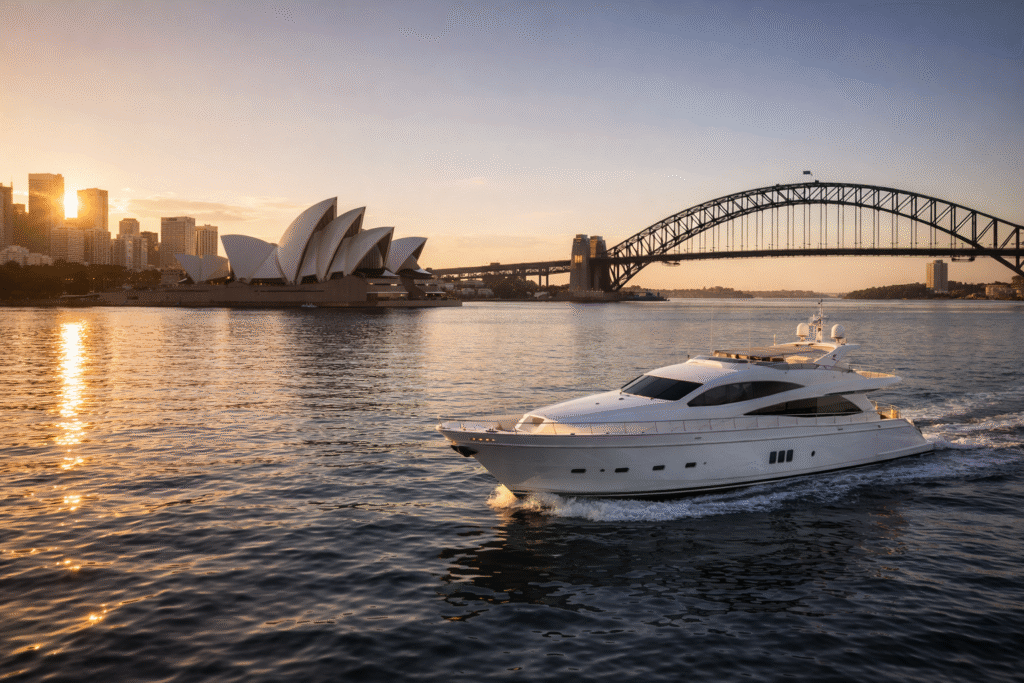 fiji-luxury-travel-itinerary extension with luxury yacht sailing past the Sydney Opera House and Harbour Bridge at golden hour