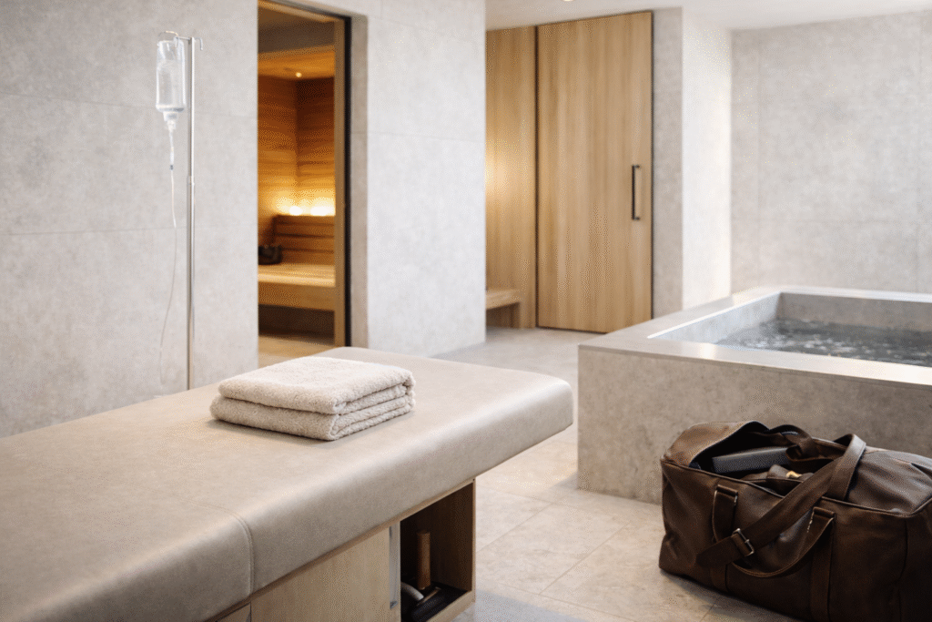 Wellness for Men recovery room with serene spa ambiance, cold plunge tub, sauna, folded towels, and leather duffel bag in a modern interior.