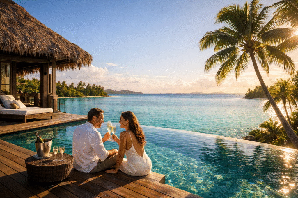 fiji-luxury-travel-itinerary featuring a romantic couple enjoying champagne beside a private infinity pool at a beachfront villa in Fiji at sunset