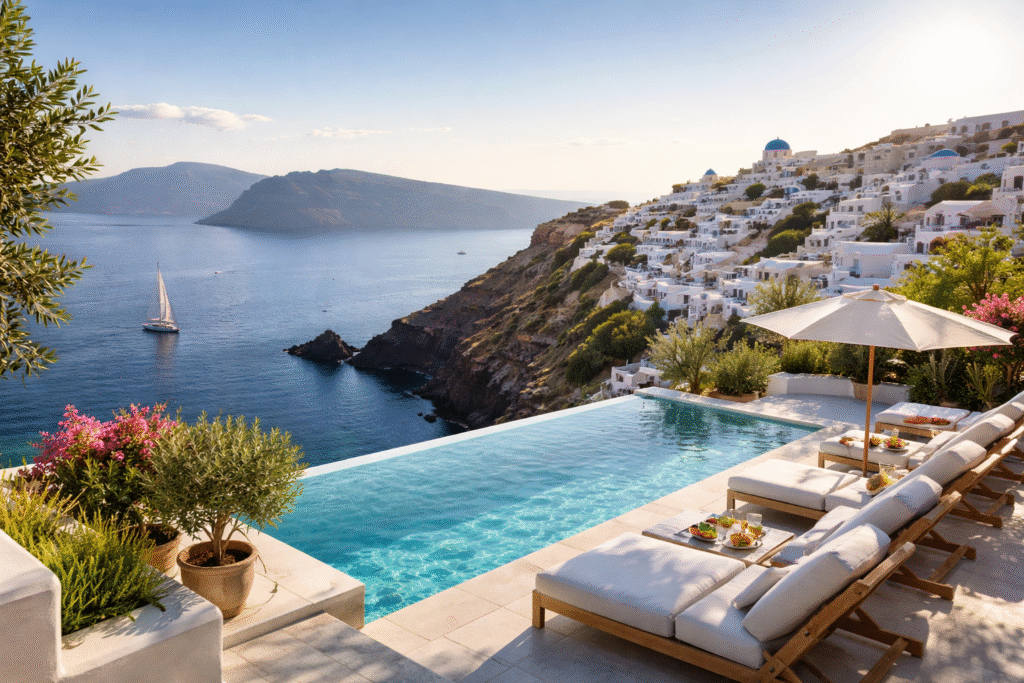 Private luxury terrace with infinity pool above the Santorini caldera in Greece in June