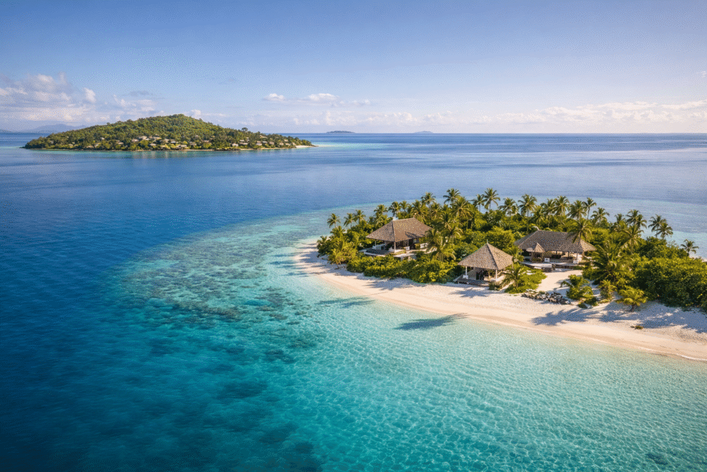 fiji-luxury-travel-itinerary showcasing a secluded tropical island with white sand beach and turquoise waters in Fiji
