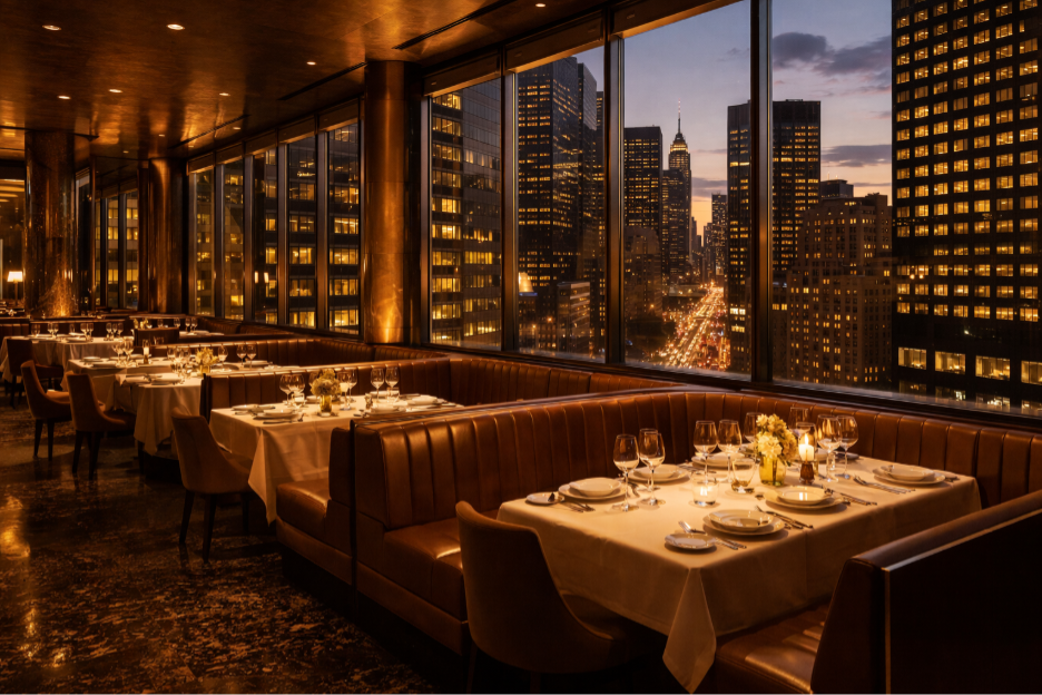 NYC power dinner table set for executive client hosting in Manhattan restaurant