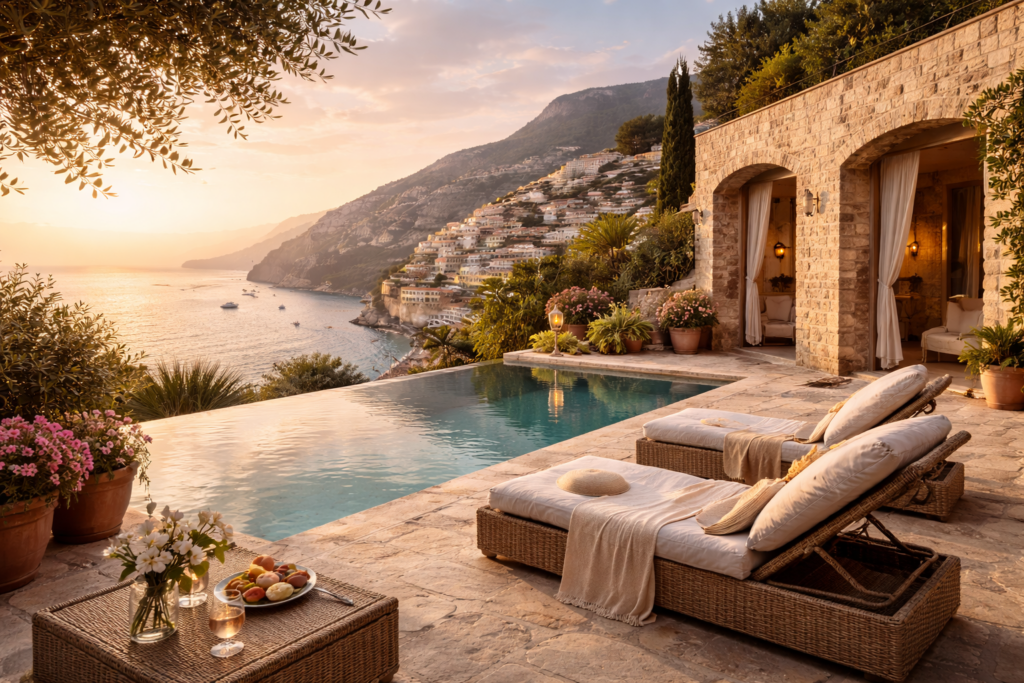 Amalfi Coast luxury itinerary featuring a cliffside stone villa at sunset with an infinity pool overlooking Positano, cushioned wicker loungers, soft lantern lighting, and panoramic Mediterranean views.