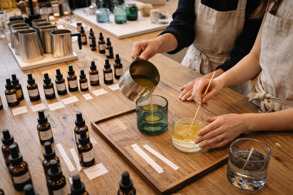 Mother’s Day gifts candle making workshop with hands pouring wax and essential oils on a wooden table