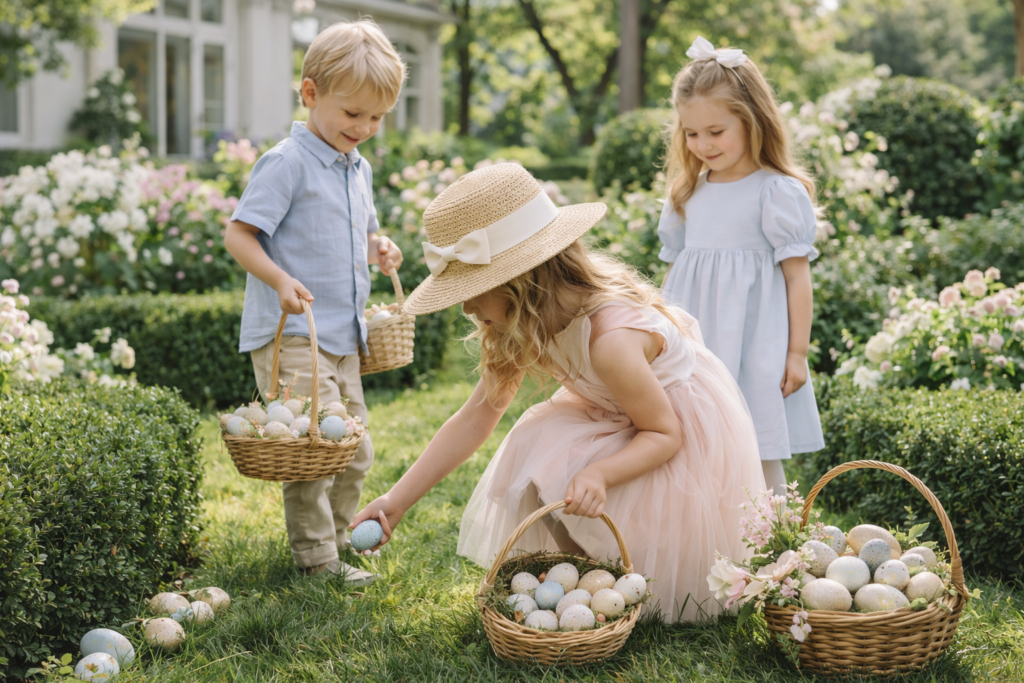 Hosting Easter outdoors as children gather pastel eggs in a garden, carrying baskets and enjoying a cheerful spring egg hunt.