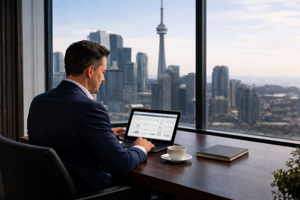 Focused entrepreneur working on a laptop in a high-rise office with a city skyline view, analyzing business data.