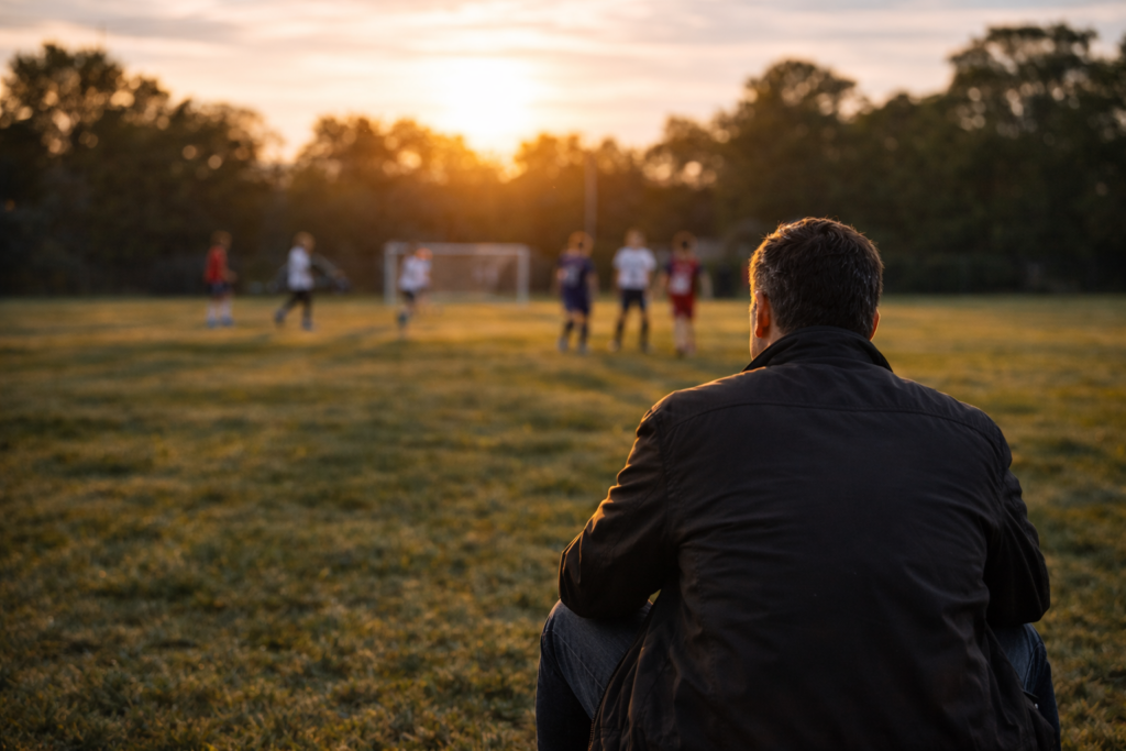 Reflective entrepreneur sitting on a field watching children play soccer at sunset, representing work-life balance.