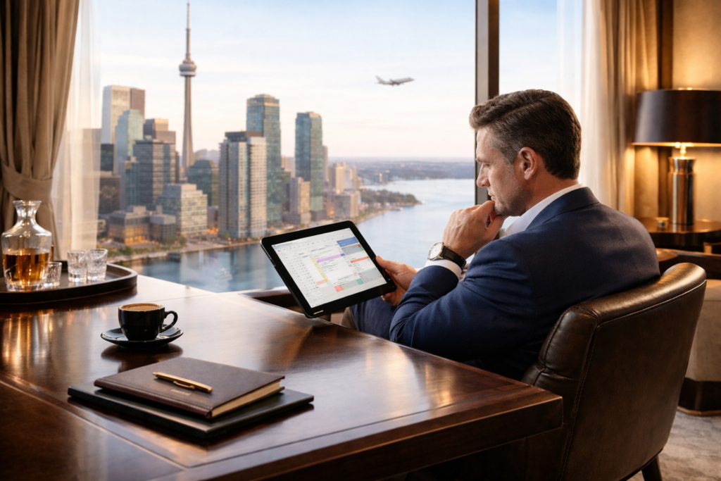 Entrepreneur reviewing business plans on a tablet in a luxury office overlooking a modern city skyline.