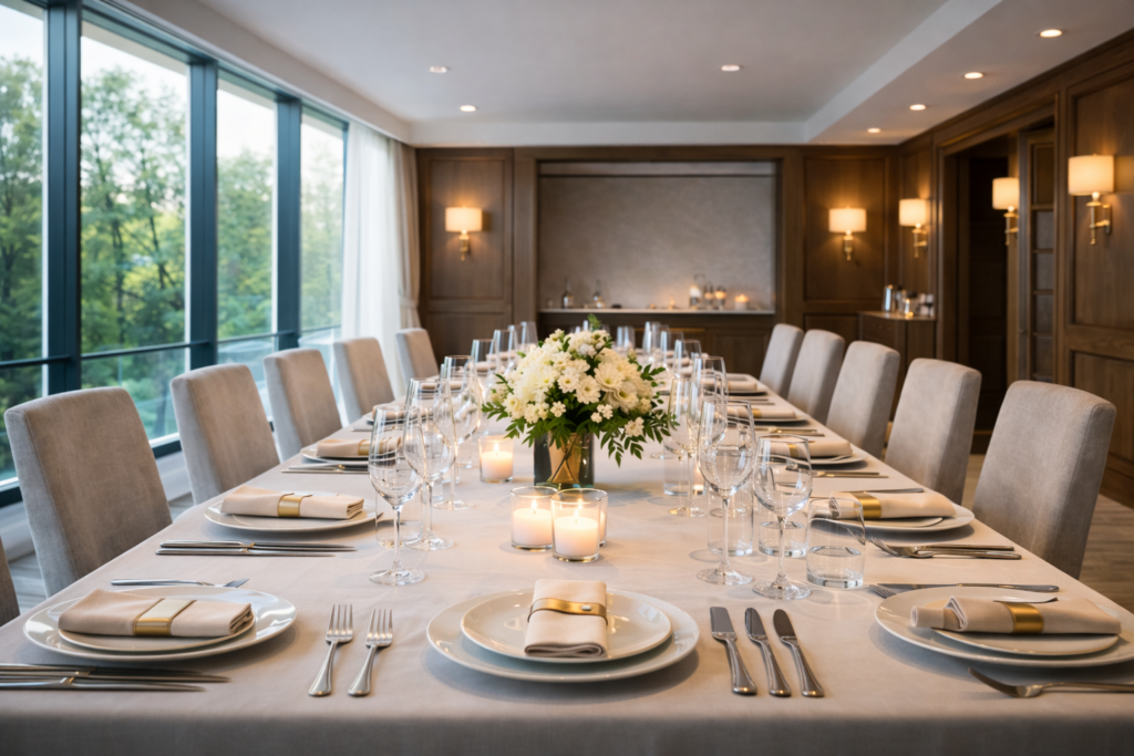 Elegant private dining room set for a formal meeting or dinner, symbolizing a successful entrepreneur hosting a luxury business gathering.