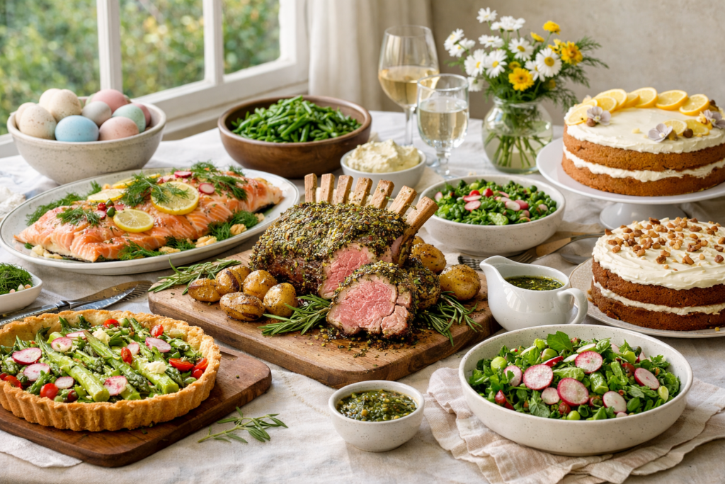 Hosting Easter with a generous spring feast featuring herb-crusted rack of lamb, roasted salmon with lemon and dill, fresh salads, asparagus tart, and layered carrot and lemon cakes set on a bright table by a sunlit window.