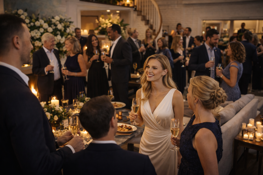 Guests mingling at an elegant dinner party, the perfect setting for thoughtful host gifts