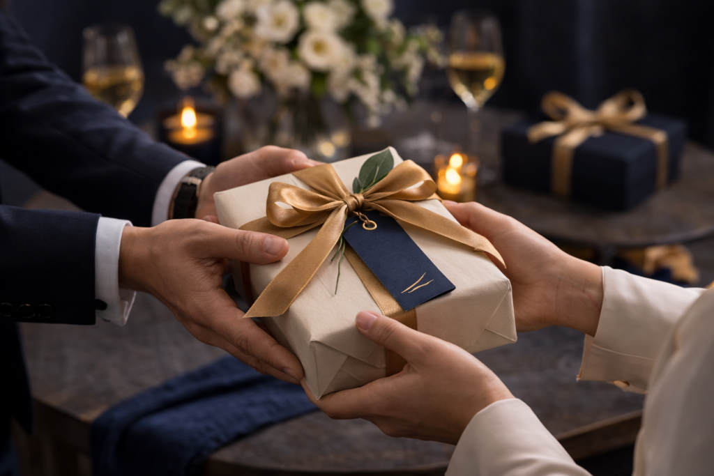 Hands exchanging an elegant wrapped present, a classic example of thoughtful host gifts