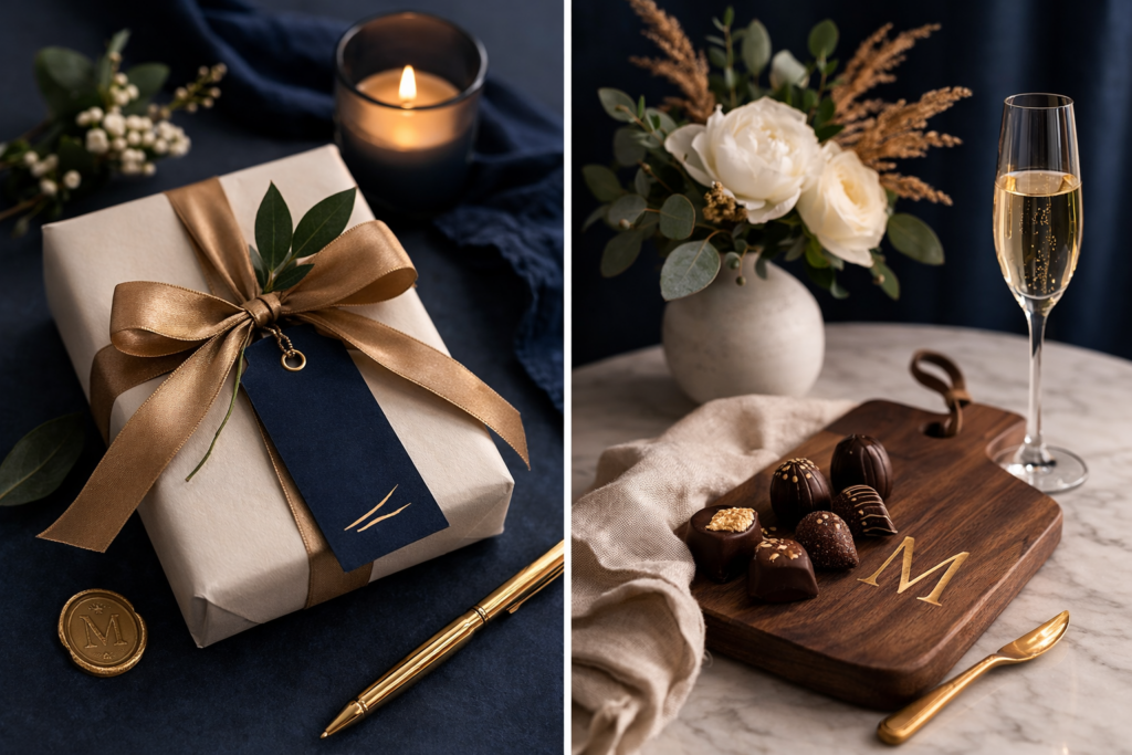 Luxury host gifts including wrapped present and personalized chocolate board with champagne