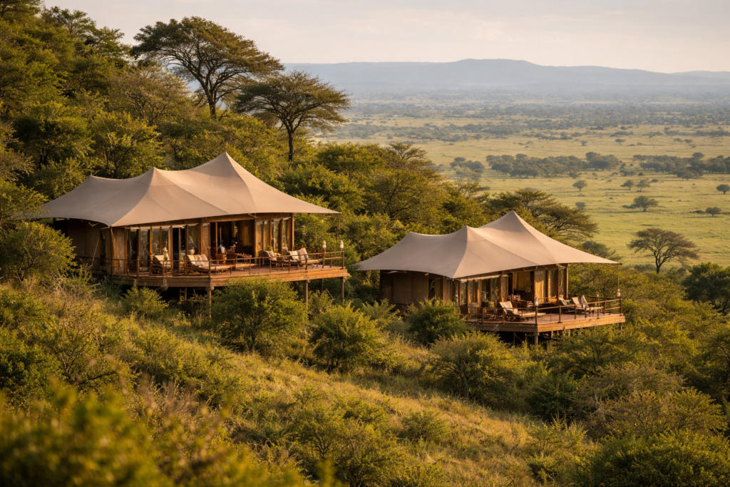 Kenya Luxury Safari tented suites with curved canvas roofs perched on a green hillside, overlooking expansive savannah plains with acacia trees and distant blue hills in warm golden light.