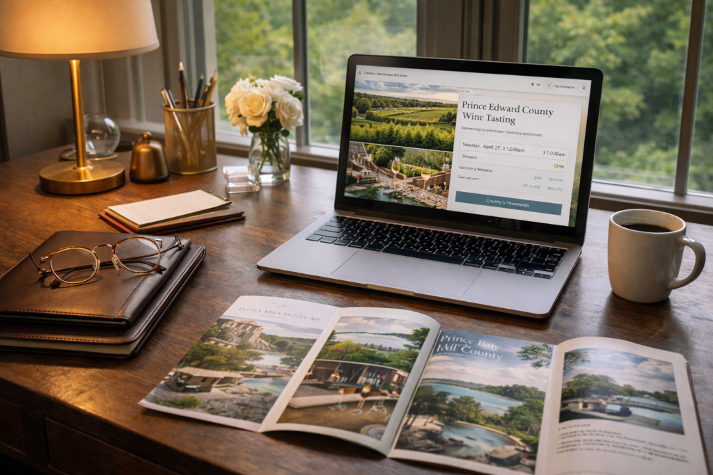 Luxury travel advisor workspace planning a weekend getaway, elegant desk with laptop, leather notebook, hotel brochures, wine tasting reservations on screen, natural daylight through large window, calm sophisticated atmosphere, luxury travel editorial