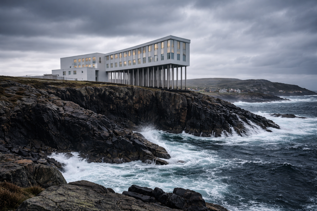 Fogo Island Inn on stilts above rocky Atlantic cliffs with crashing waves in Newfoundland, Canada.