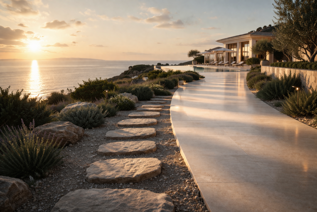 Golden-hour coastal villa with stepping stones leading toward a luxury home and ocean view, evoking calm progression and an aspirational lifestyle for members.