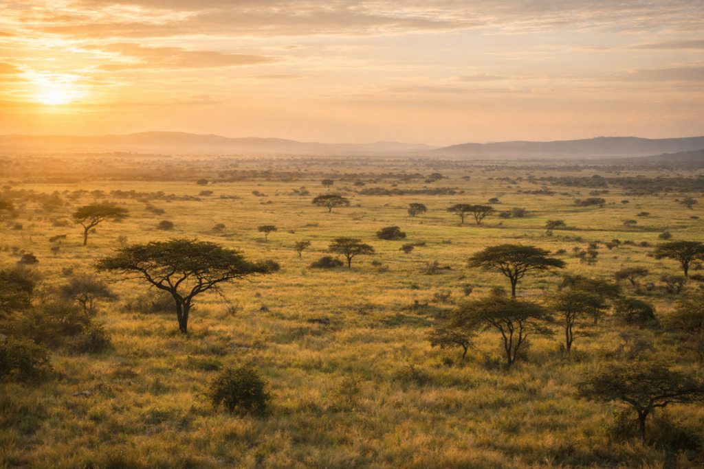 Kenya Luxury Safari sunrise in the Maasai Mara in June, with soft golden light over open savannah, scattered acacia trees, and lightly green plains at the start of the dry season.