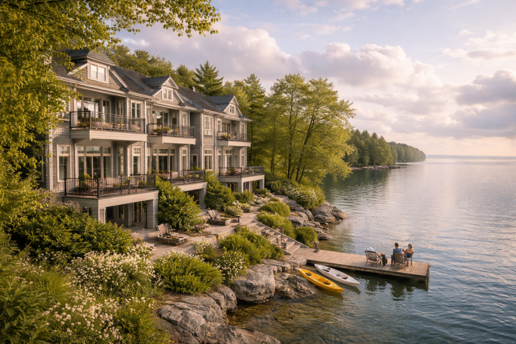 Luxury Weekend Getaways  lakefront boutique hotel in Prince Edward County Ontario, spring season, elegant lakeside suites overlooking Lake Ontario, fresh green trees and soft clouds, calm water, upscale travel editorial photography, cinematic lighting, Condé Nast Traveler style