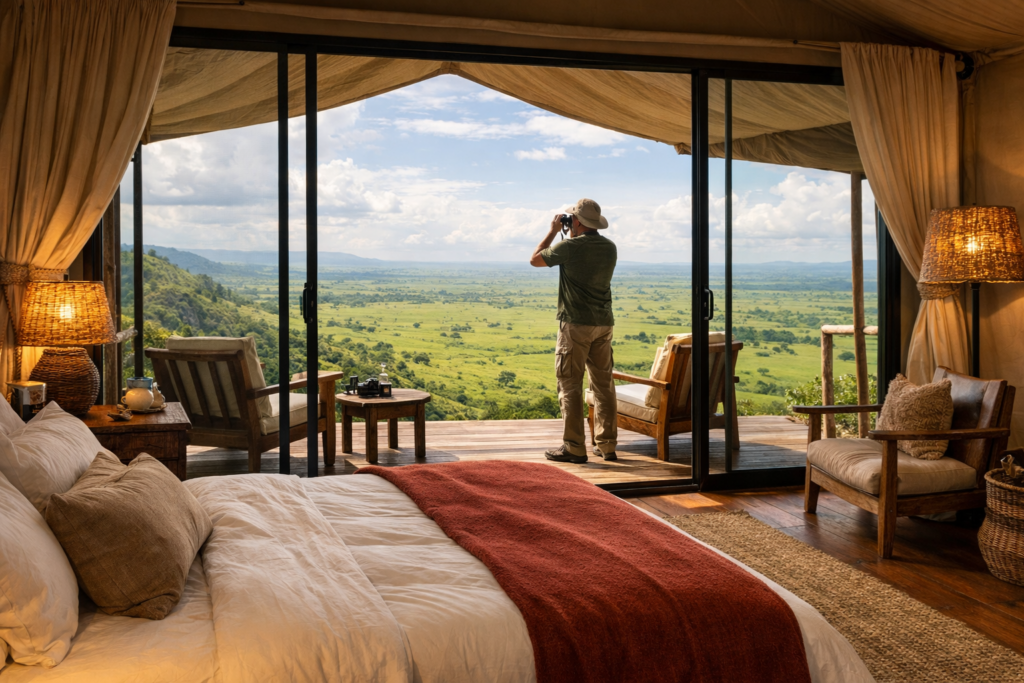Kenya Luxury Safari tent interior with a large bed and floor-to-ceiling glass doors opening onto a deck overlooking the savannah, with a guest using binoculars outside.