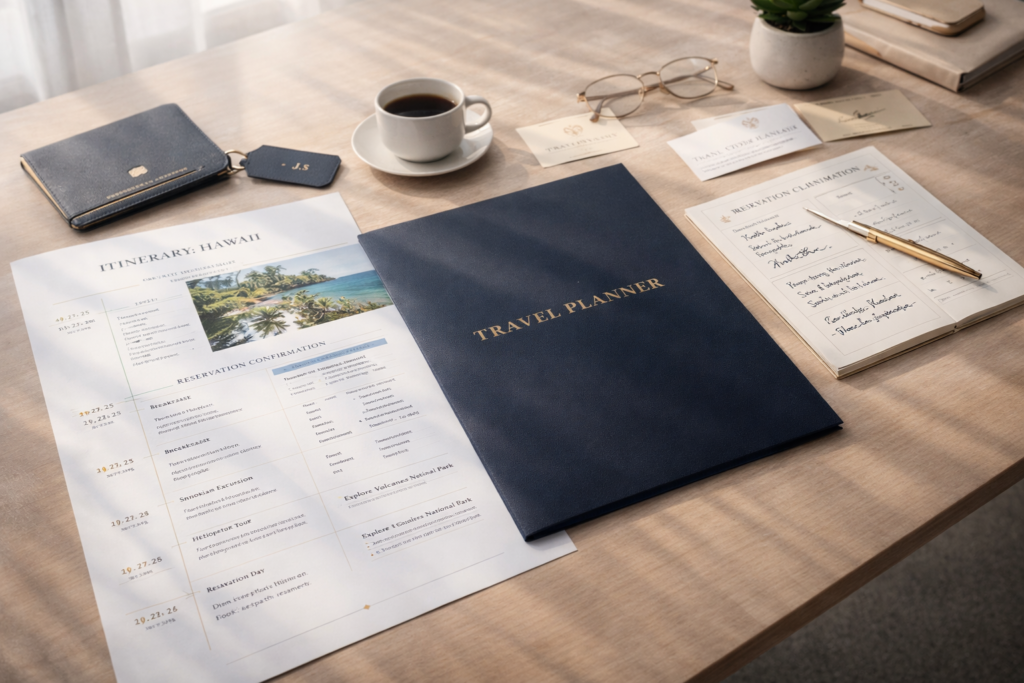 Elegant desk with a refined travel planner, itinerary documents, and luxury stationery arranged neatly, suggesting an organized and premium planning experience for members.