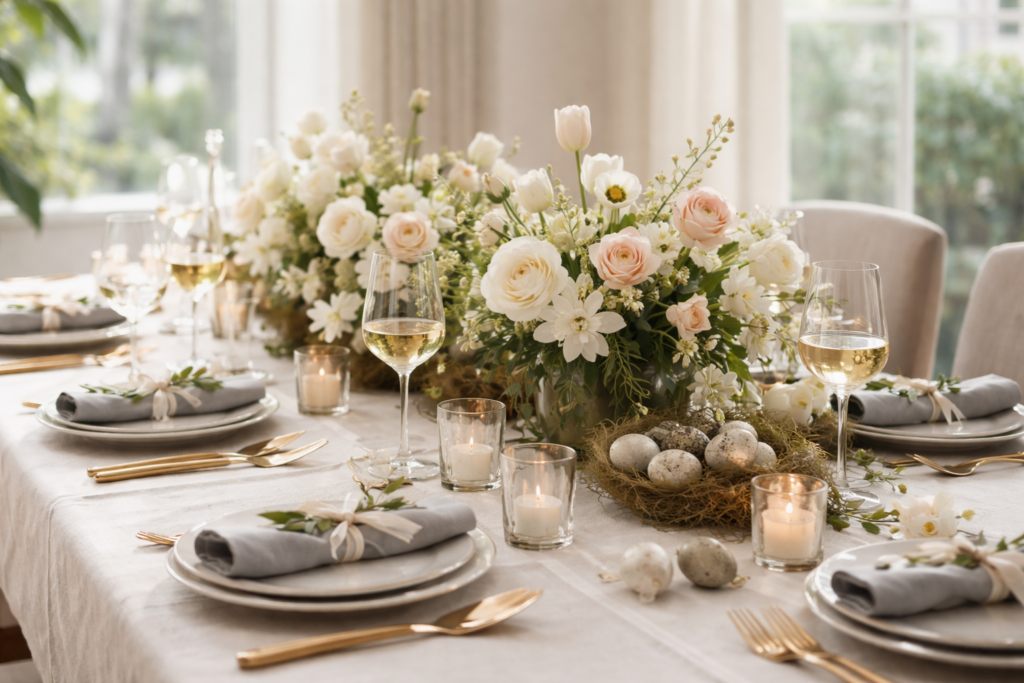 Hosting Easter with an elegant spring tablescape featuring fresh flowers, candles, pastel eggs, and place settings for a beautifully styled holiday gathering.