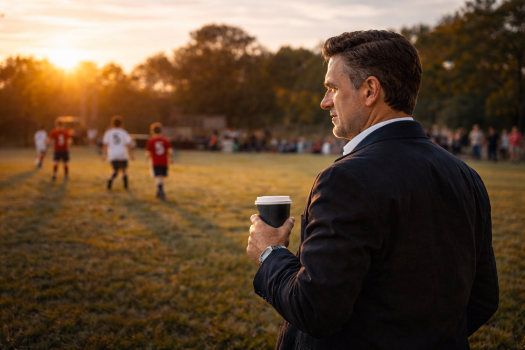 Entrepreneur watching a youth soccer game at sunset while holding coffee, representing work-life balance and family time.