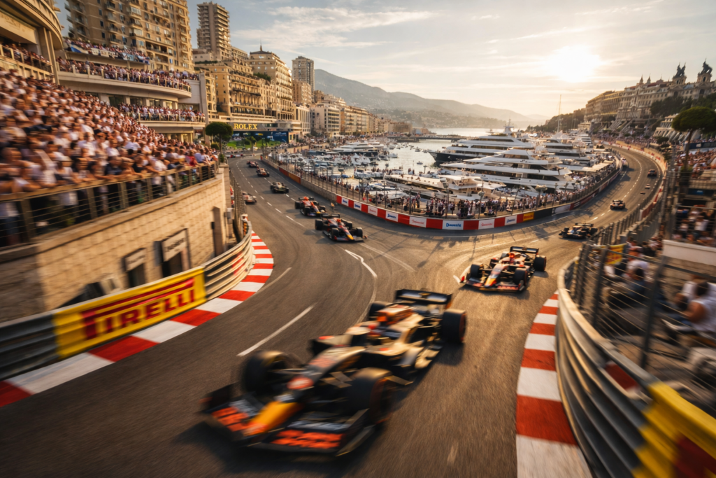 Formula 1 cars racing through Monaco Grand Prix street circuit near Port Hercules with yachts and grandstands in Monte Carlo